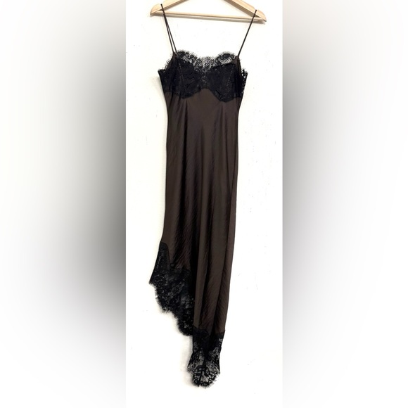 NWT Zara Asymmetric Satin Lace Dress in Black/ Brown Size M - Picture 9 of 16